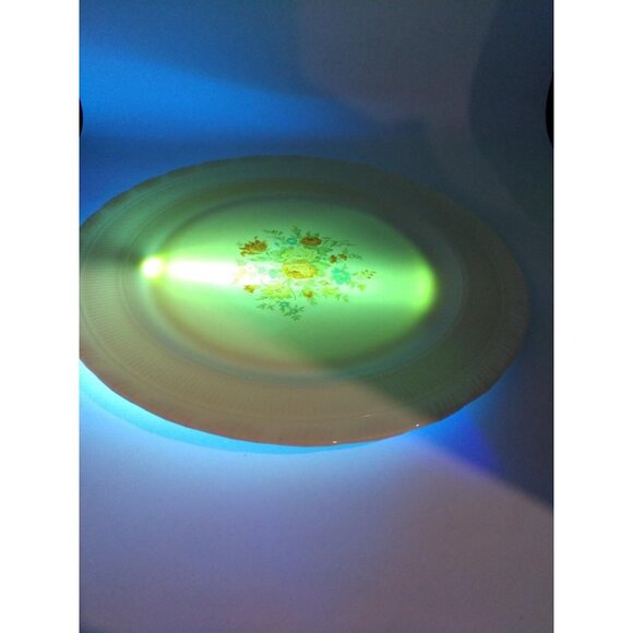 MacBeth Evans Depression Vintage Floral Cremax-Oxford-Bouquet Uranium Glass Plat - Picture 4 of 7